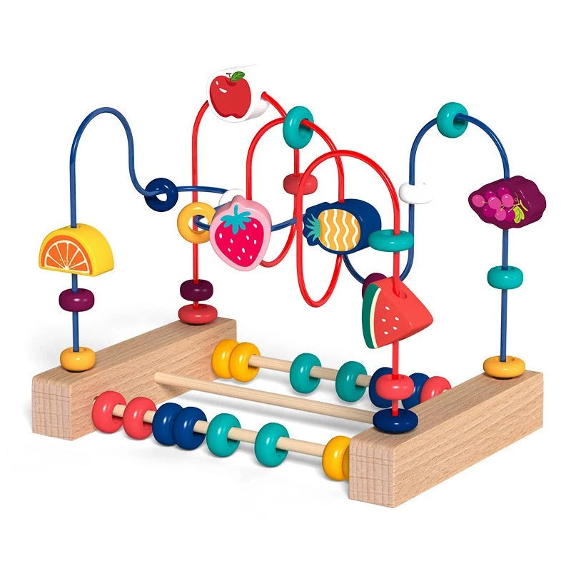 Motorikspielzeug aus Holz – Bunte Motorikschleife mit Früchten &amp; Zählrahmen